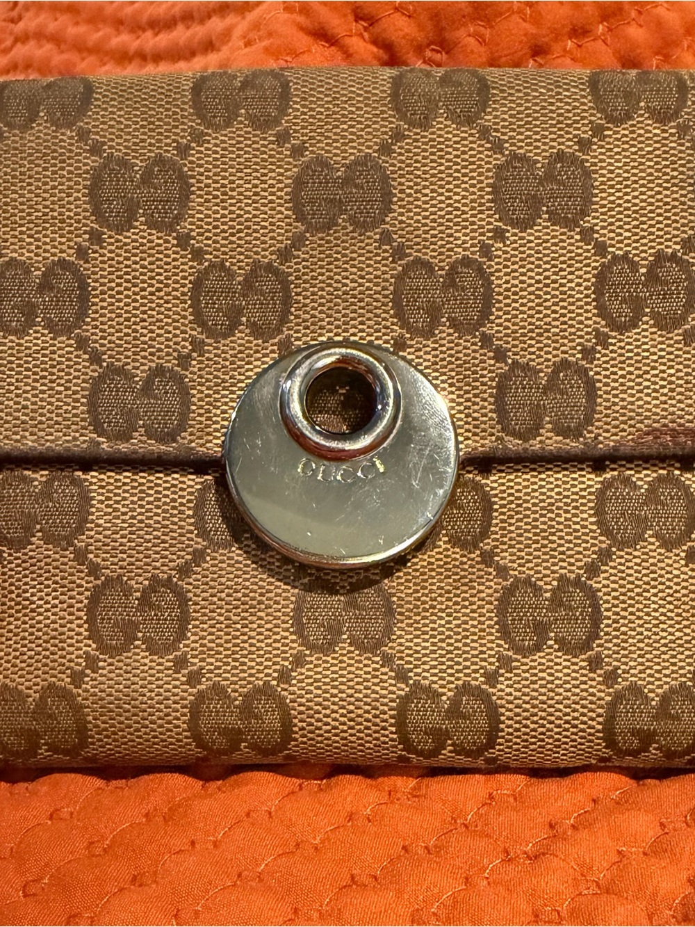 Gucci Tan/Brown Monogram Canvas Snap Wallet with Silver-Tone Hardware